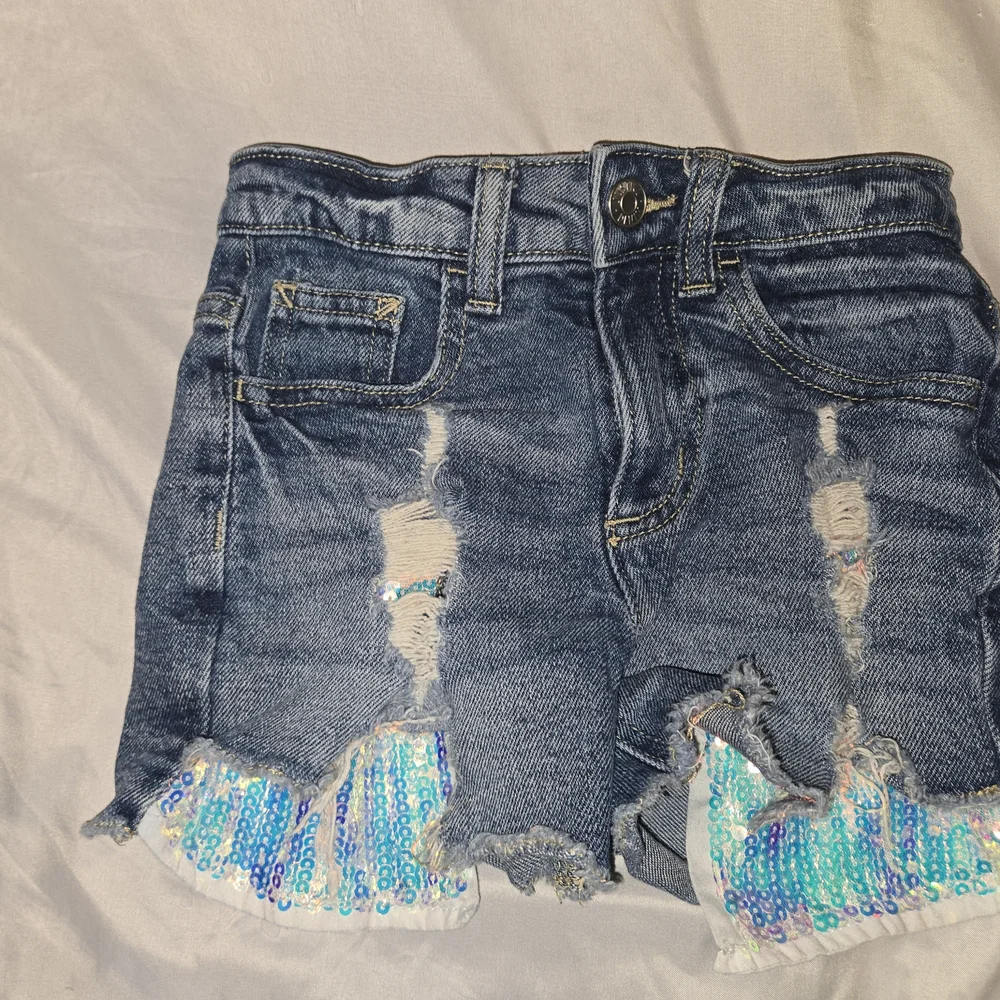 Justice Girl's Blue Distressed Denim Sequin Shorts Size 7